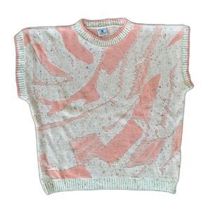 Vintage 80s Pastel Abstract Knit Sweater Vest Speckled Pink & Cream Top size 3XL